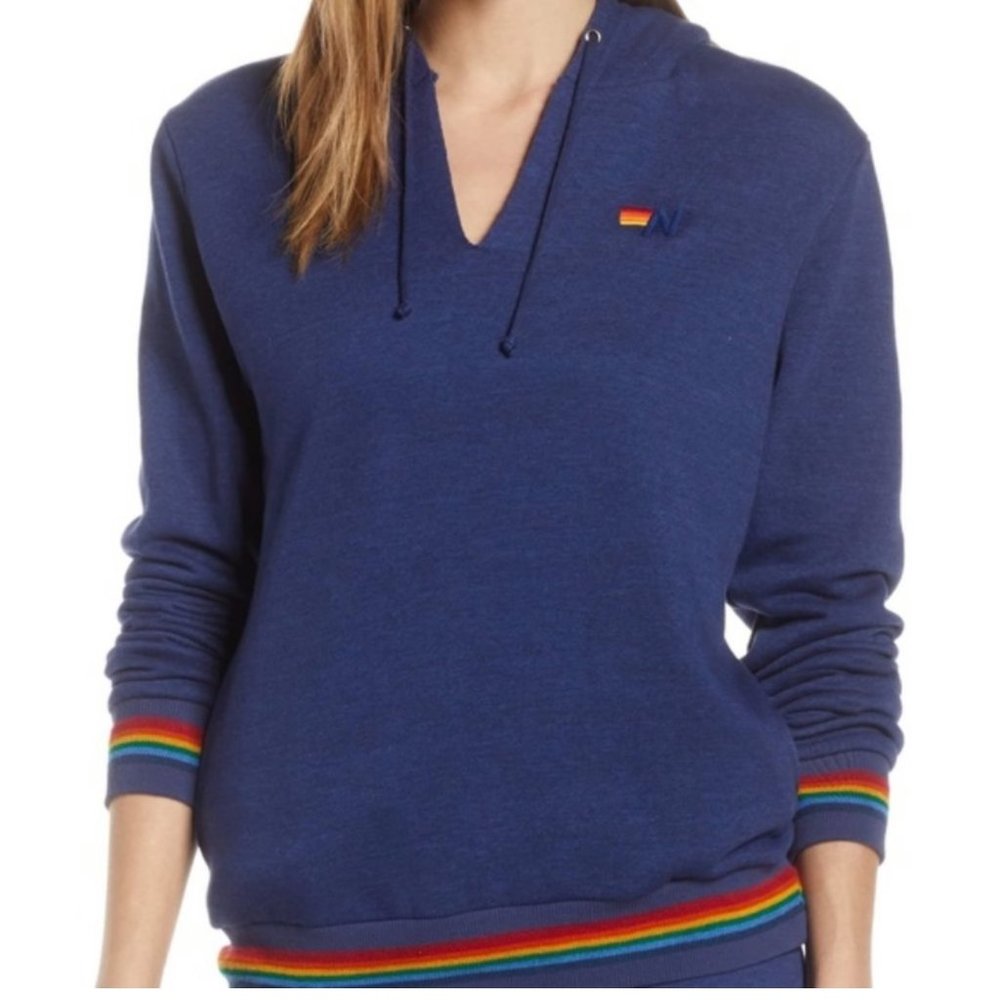 Aviator Nation Prism Split Neck Pullover Hoodie In Navy - Size S